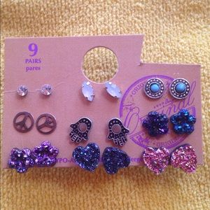 Hippie/Boho style stud earrings pack of 9 pairs